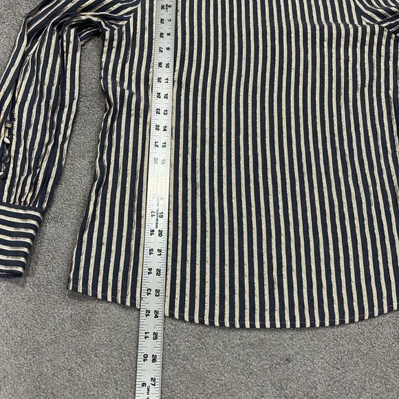Express Scoop Neck Navy White Gold Metallic Stripe Long Sleeve Button Cuff Shirt - Picture 8 of 8